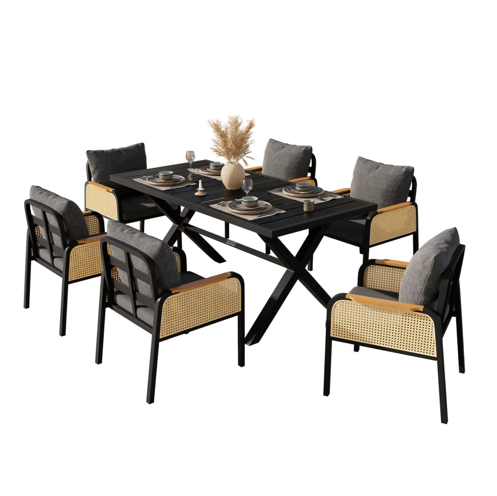 Set da giardino 6 persone 148x80x75 cm in metallo, legno plastico nero e naturale