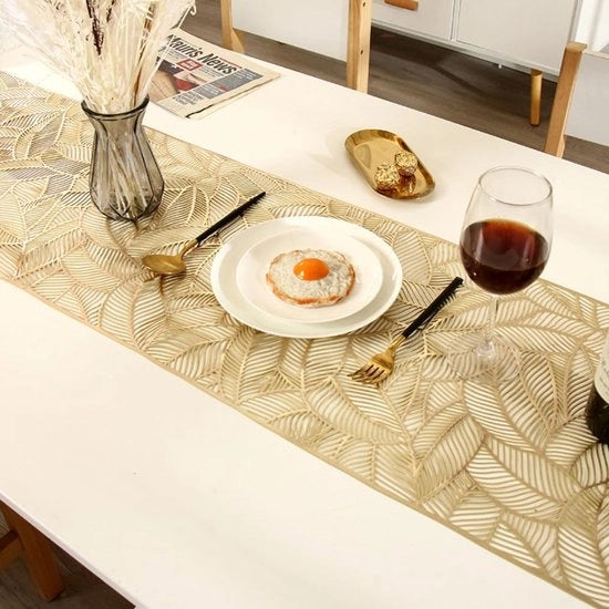 Tavolo da Cucina in PVC - Tavolo Decorativo con Foglie - 180 x 35 cm - Giallo/Argento