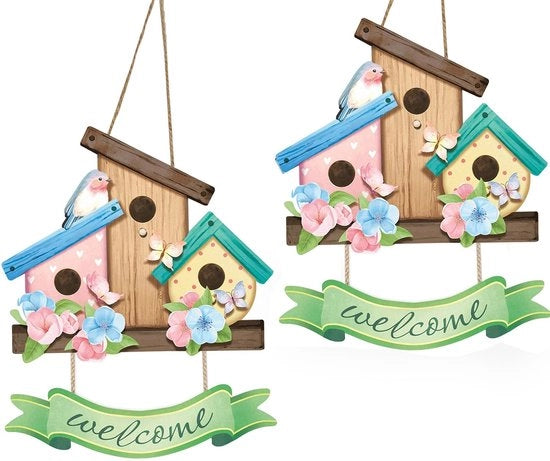 Bord di Benvenuto Primavera - Pannello di Legno per Esterno - Decorativo - Sospeso con Corda di Juta - 24,5 x 20 x 0,5 cm - Ideale per le Feste di Casa
