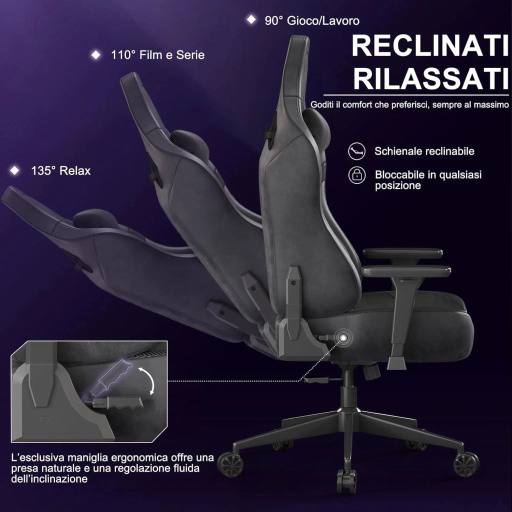 Sedia da Gaming Ergonomica in Pelle Scamosciata, Poltrona da Ufficio Gamer Reclinabile 90°-135°, Braccioli 3D Regolabili, Base in Metallo, Ruote Silenziose, Portata 180kg, Nero