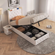 Letto singolo 90x200 cm con contenitore LED USB testiera imbottita mensole rete a doghe metallo legno velluto - beige