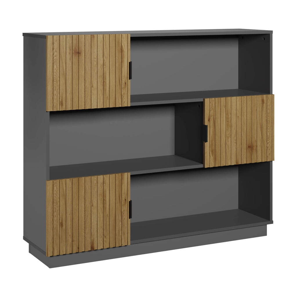Libreria Bassa Verhundar Scaffale a 3 Livelli con Vani Aperti e Chiusi con Ante 102x120x30 cm Grigio / color Legno [en.casa]