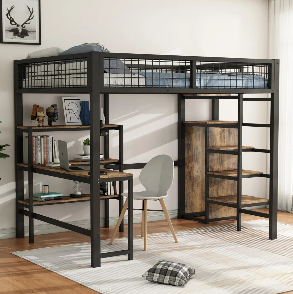 Hochbett con scrivania; armadio e ripiani 140x200 cm; nero/marrone