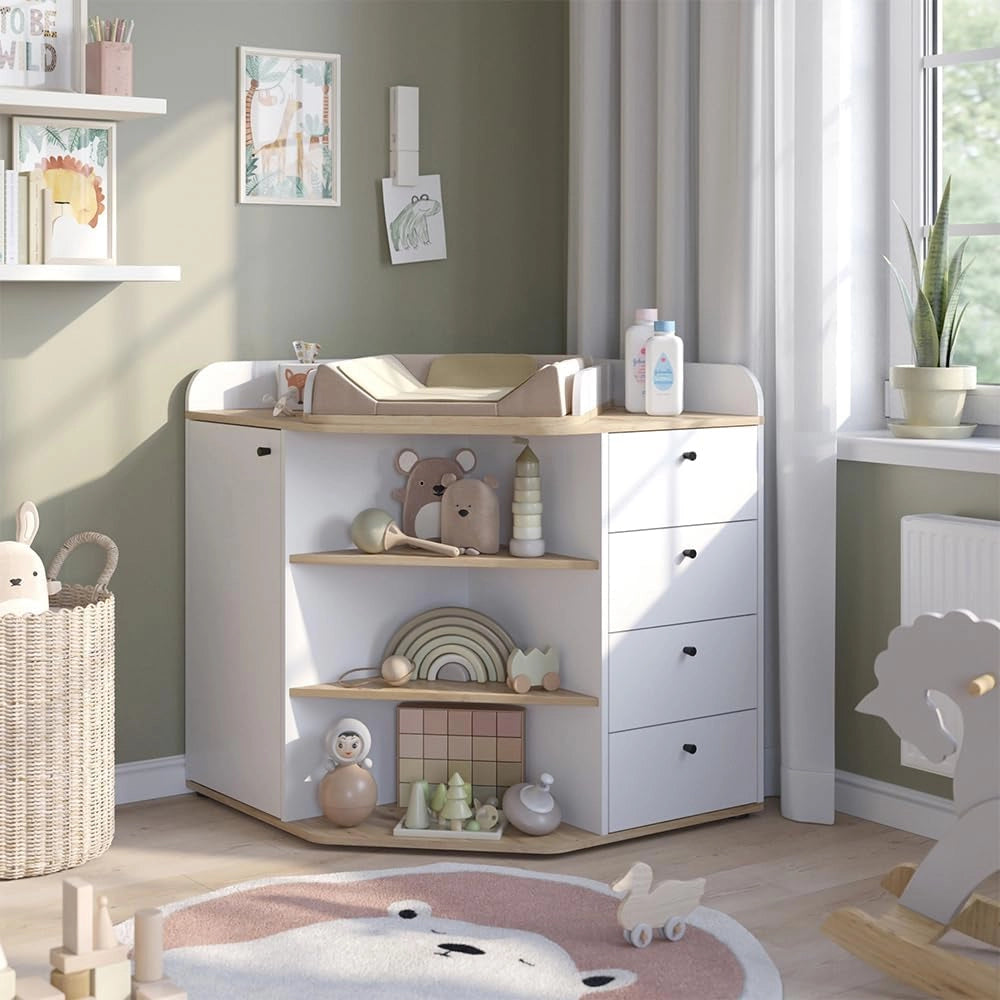 Fasciatoio Aria, Bianco, 85 x 90 cm con ripiani e cassetti, adatto come fasciatoio per neonati e bambini piccoli