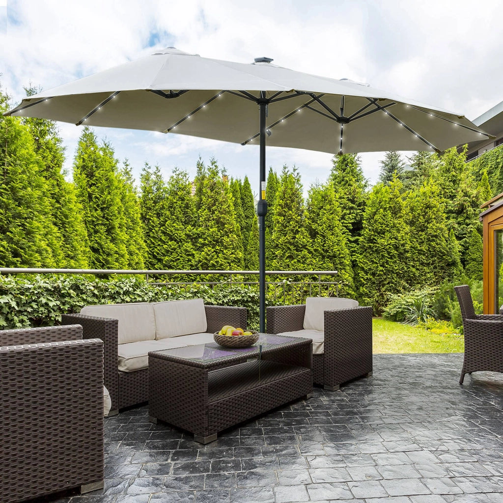 Ombrellone da Giardino Doppio 4.5m con 48 Luci LED e Manovella, Grigio Chiaro