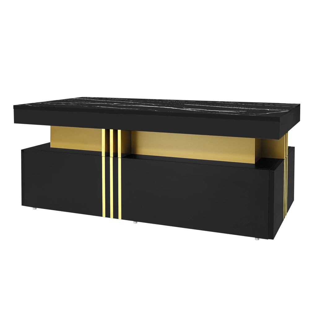 Tavolino da salotto moderno rettangolare - Zephmum - 100x50x40 cm - Piano lucido marmorizzato con 2 cassetti in legno