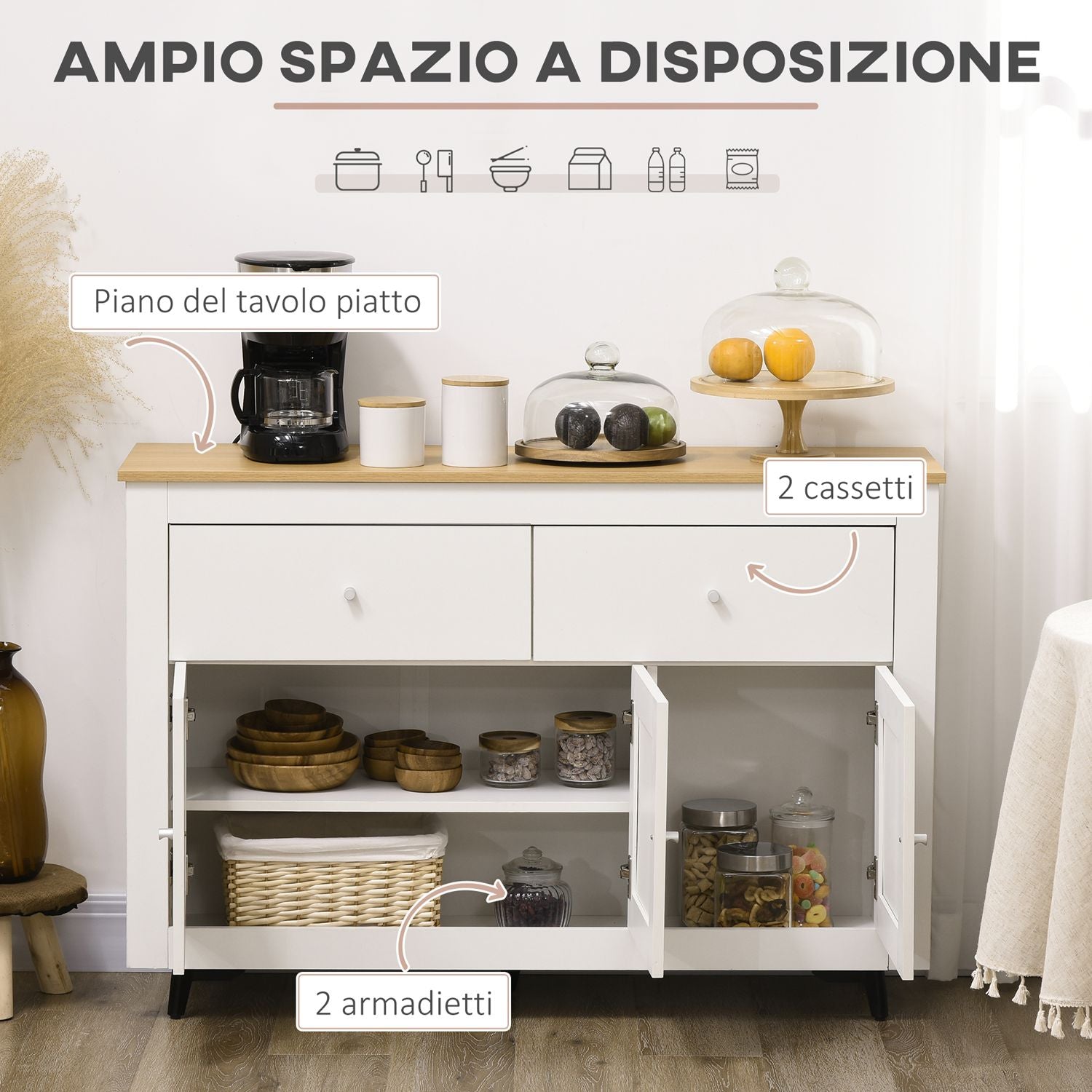 Credenza Buffet 117x35x80 cm con 2 Cassetti e 2 Armadietti in Legno Bianco e color Legno