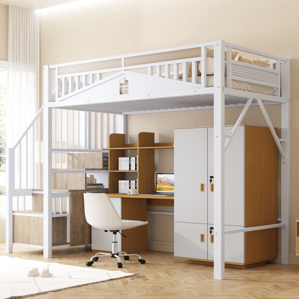 Letto a castello metallo e legno bianco con funzione contenitore 90x200 cm