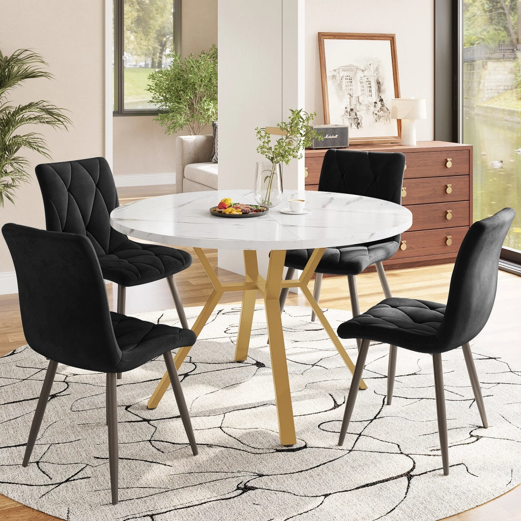 Tavolo da pranzo per 4 persone con 4 sedie, piano tondo in MDF effetto marmo, gambe in metallo dorato, nero e verde