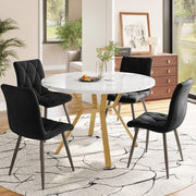 Tavolo da pranzo per 4 persone con 4 sedie, piano tondo in MDF effetto marmo, gambe in metallo dorato, nero e verde