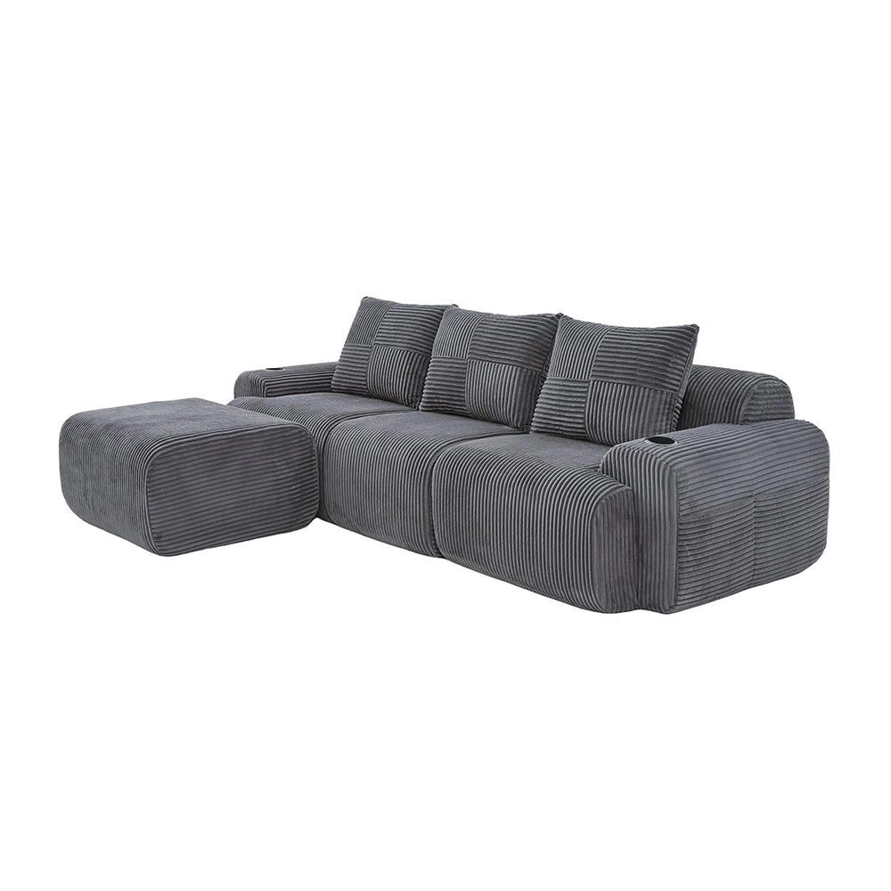 Divano modulare in velluto coste per 3 persone - Xylo - Grigio scuro - Con pouf, porta bevande, tascone laterale
