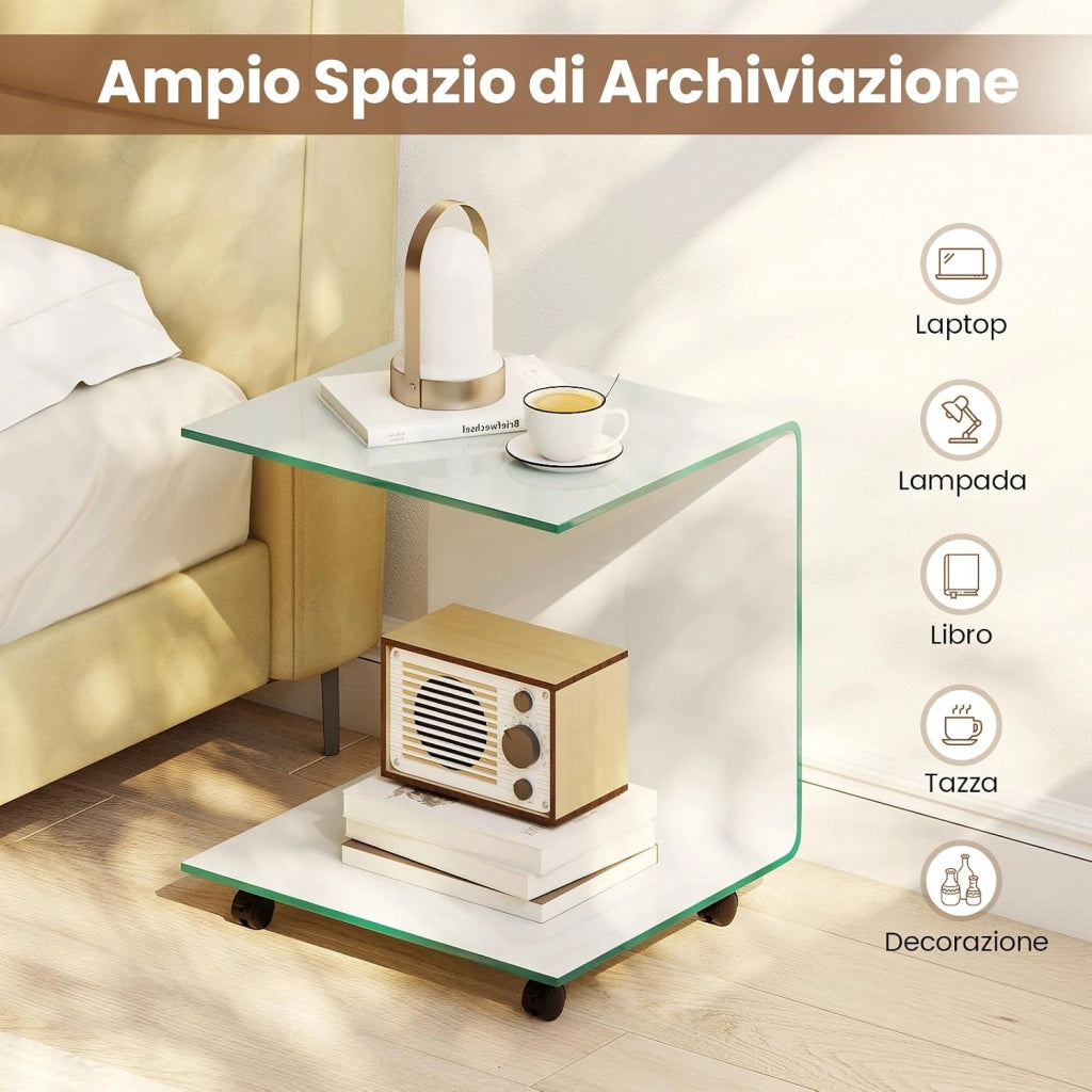 Tavolo Moderno in Vetro Temperato con 2 Ripiani, Tavolino Laterale a C per Divano con 4 Ruote Blocccabili, Tavolo Versatile per Soggiorno, Camera da Letto e Bagno (Bianco)
