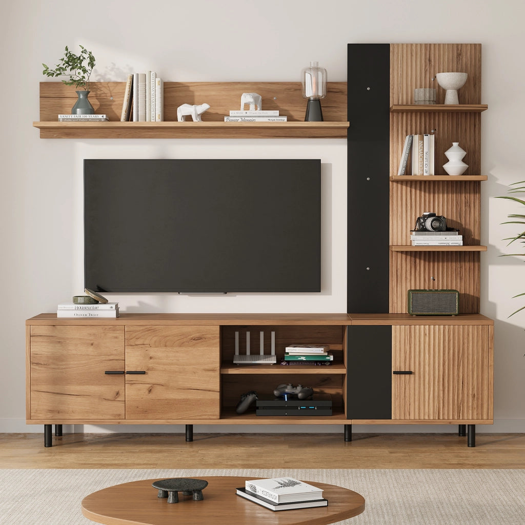 Mobile porta TV con 3 ante e ripiani aperti, per soggiorno, in truciolare, legno e nero, 187,5 × 40 × 167 cm