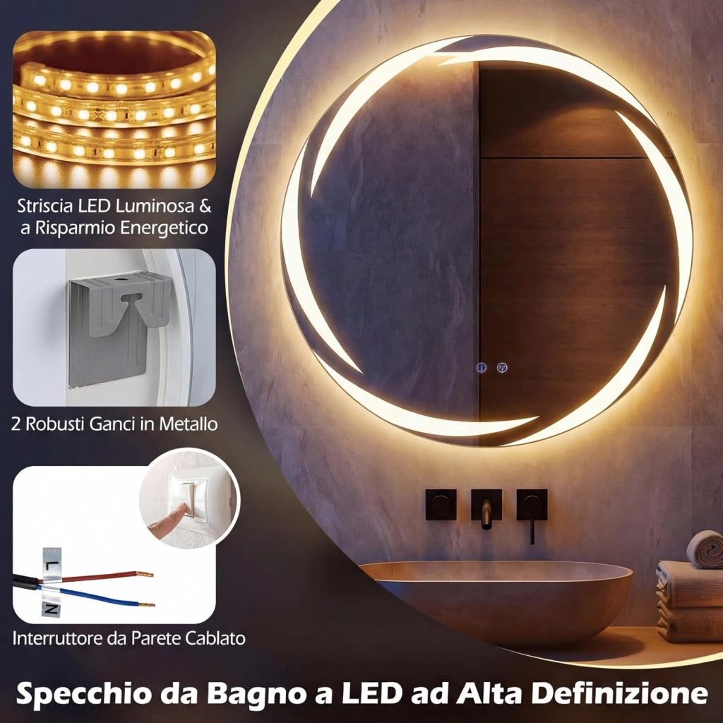 Specchio da Bagno con LED Rotondo 80 cm, Specchio da Parete Retroilluminato Dimmerabile con Vetro Temperato Antideflagrante, Luci a 3 Colori e Antiappannamento, IP44 (80 x 80 cm)
