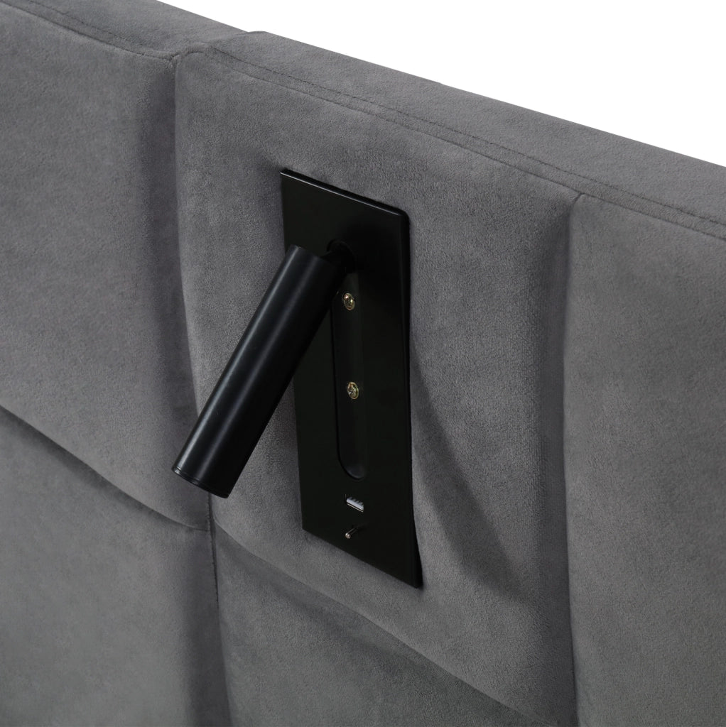 Letto imbottito 180x200 cm con contenitore, luce orientabile USB e testiera ampia