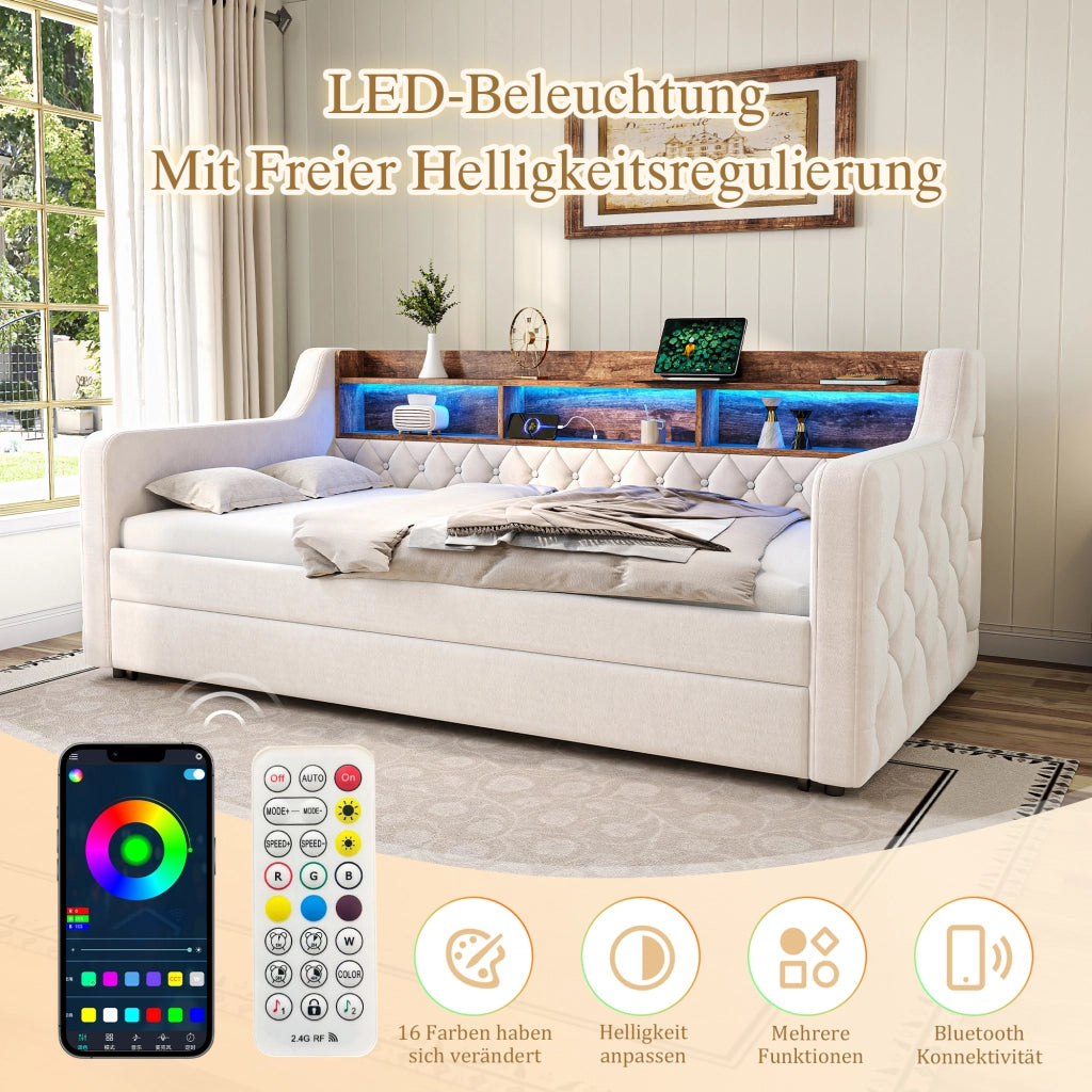 Letto divano estraibile 90 × 190 cm con contenitore, LED regolabile, USB Type-C, senza materasso, in velluto beige