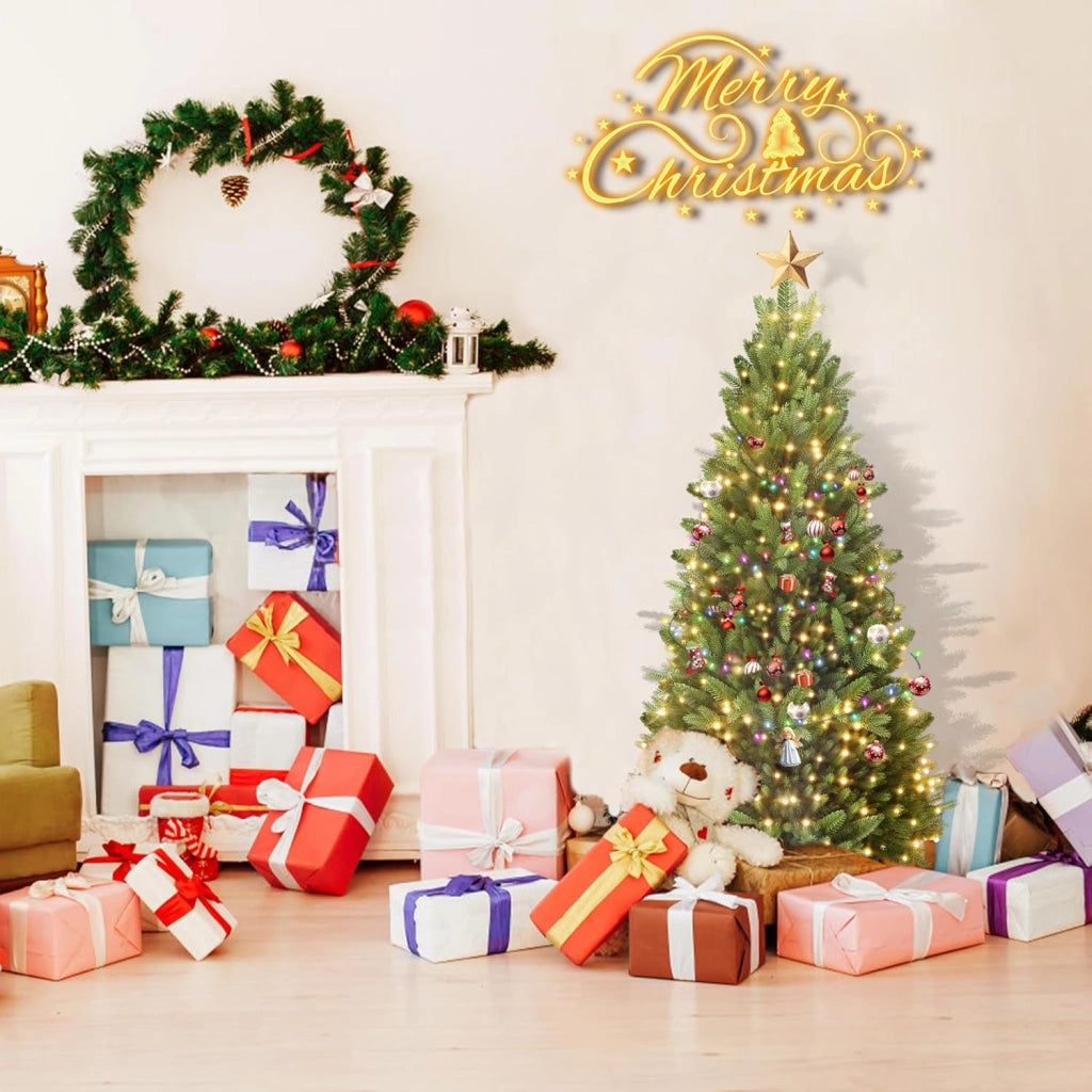 Albero di Natale Artificiale con Illuminazione 150 cm in PVC/PE Abete di Natale con Base in Legno Alberi di Natale Christmas Tree Decorazione Natalizia
