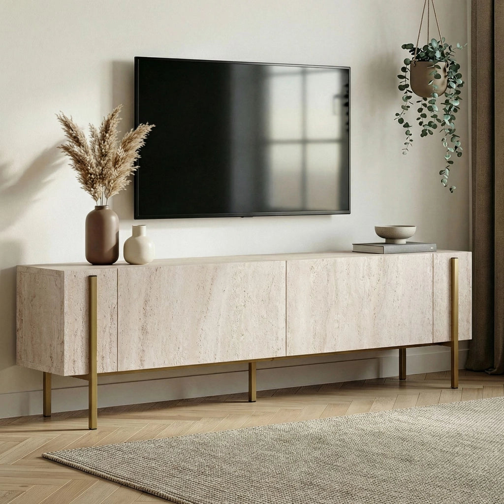 Porta TV in legno "Nexus" - 180 x 30 x 45 cm - Travertino / Oro