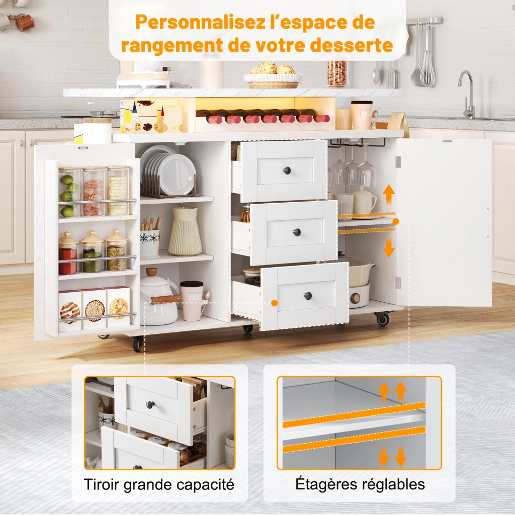 Isola da Cucina con 2 Ante; 3 Cassetti; Piano Pieghevole e LED; in MDF; 138x60x93 cm; Bianco