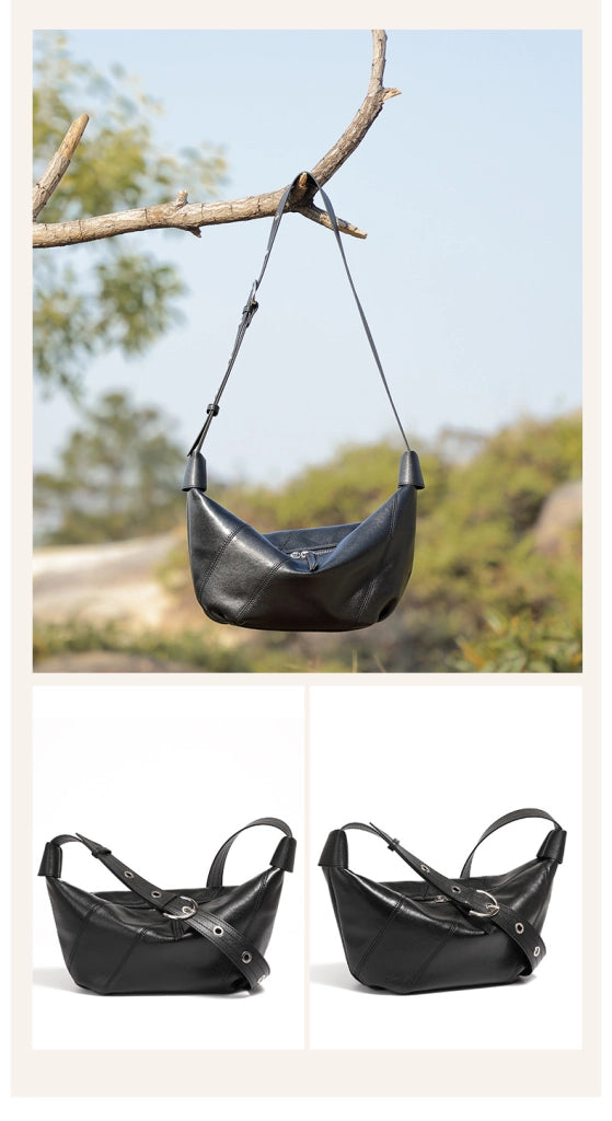 Borsa a conchiglia da donna in vera pelle nera