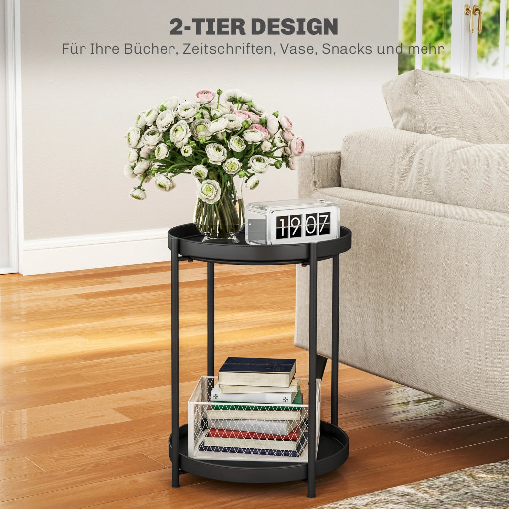 TAVOLINO ROTONDO 44x44x56 cm in acciaio nero con 2 ripiani