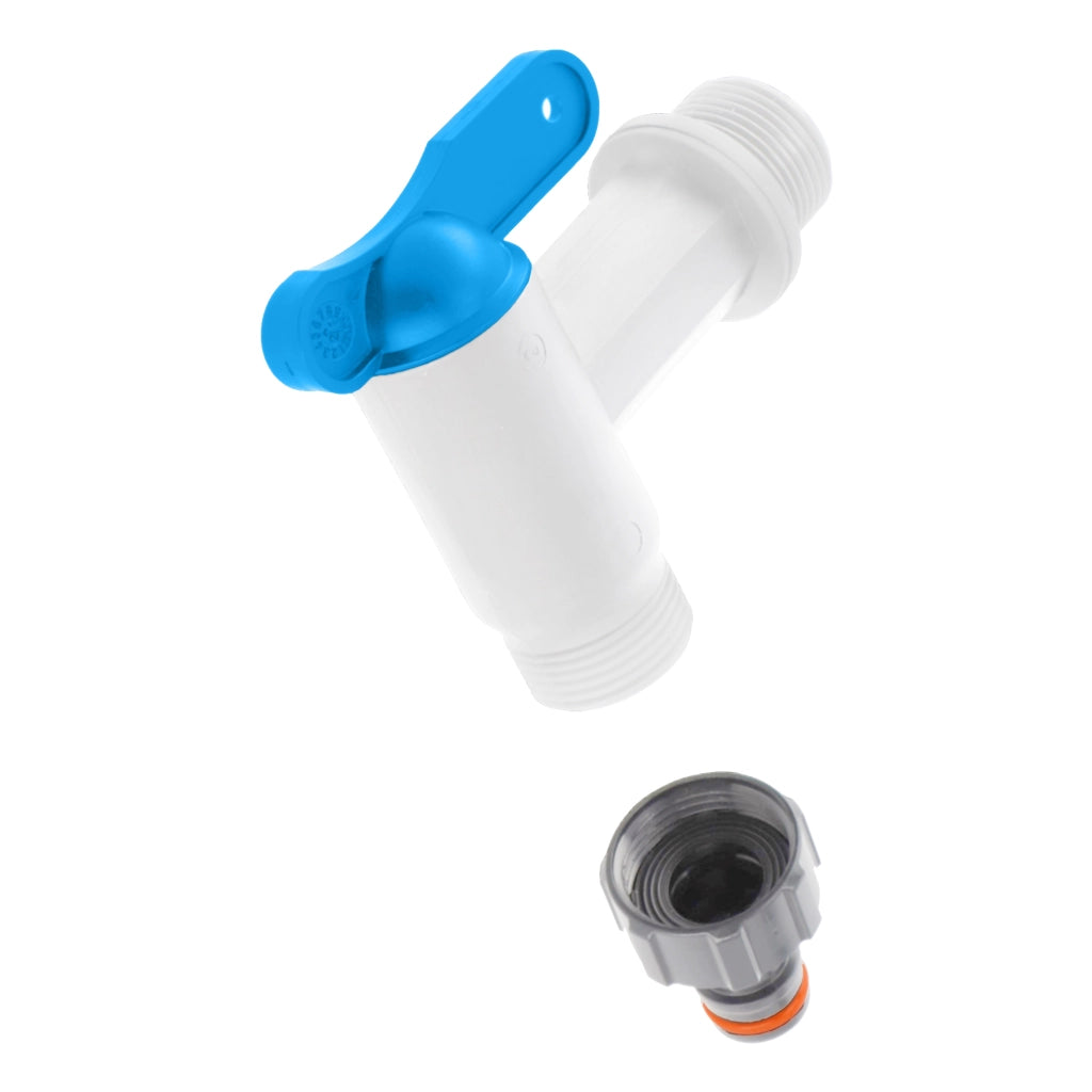 Rubinetto da giardino KADAX con valvola a nipplo da 3/4 per serbatoio dell'acqua piovana, tubo flessibile e cilindro.