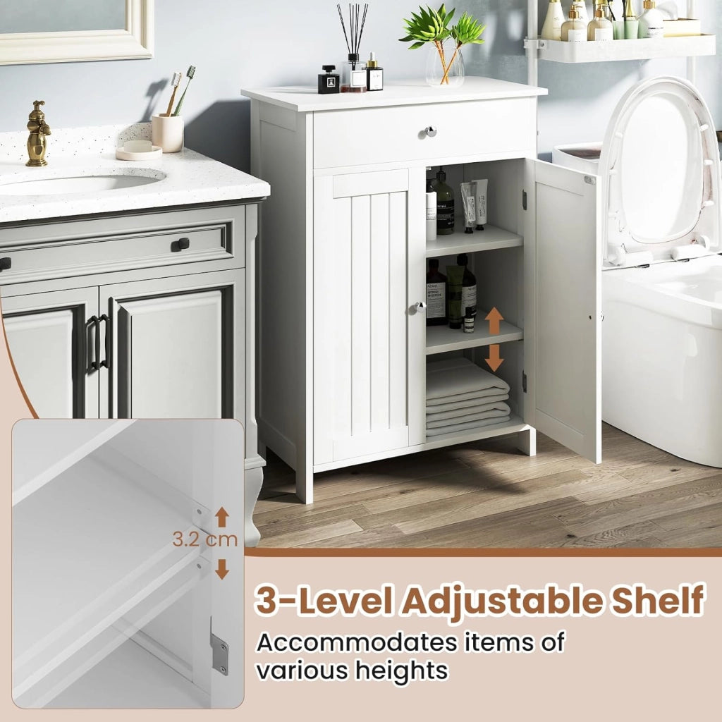 Armadietto bagno autoportante con 2 ante, 1 cassetto e 3 ripiani regolabili, mobiletto base per soggiorno, ingresso, cucina, 60 x 30 x 80 cm (bianco)