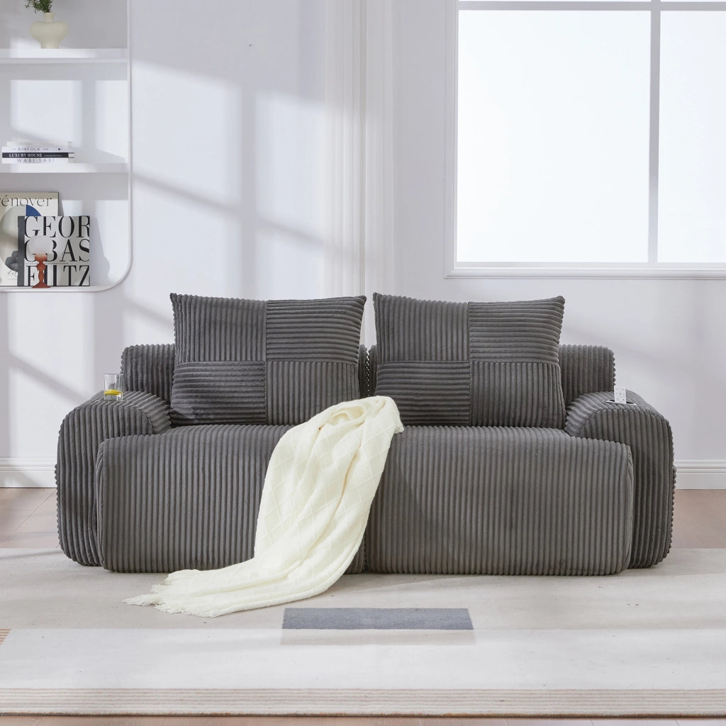 Divano modulare a 2 posti in tessuto a coste con portabicchieri tasca laterale e imbottitura ergonomica grigio scuro