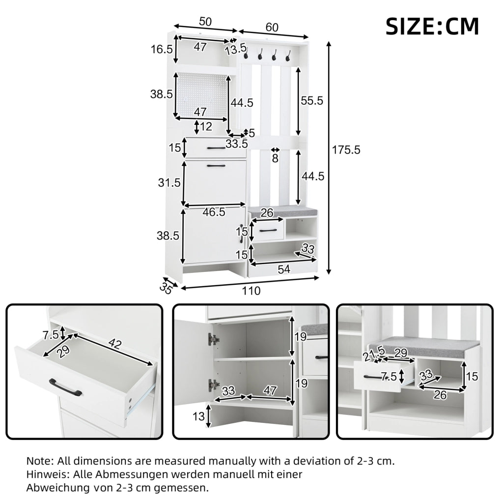 Guardaroba da ingresso 7 in 1 con panca e scarpiera bianco