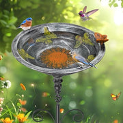 Piscina per uccelli all'aperto, piscina per uccelli in piedi con supporto, vasca per uccelli in metallo, ciotola per uccelli in ghisa, ciotola per uccelli e vasca per acqua per uccelli selvatici (vintage argento)