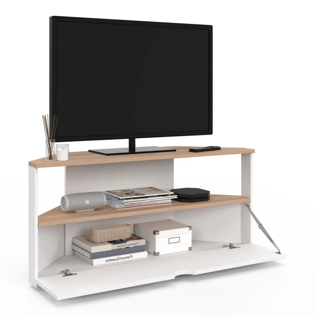 IDMarket - Mobile TV angolare ELI 100 cm in legno effetto faggio e bianco