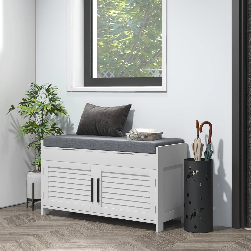 Panca Scarpiera con Ripiano Interno Regolabile su 6 Livelli, in MDF e Simil Lino, 90x36x50 cm, Bianco e Grigio