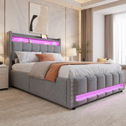Letto imbottito 140x200 cm con contenitore idraulico; LED; USB e ripiani; lino grigio chiaro