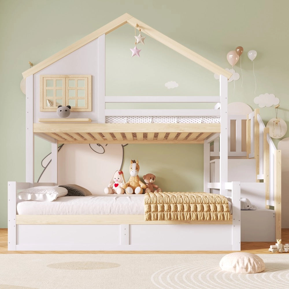 Letto a Castello 90x200 e 140x200 con Contenitore Idraulico e Rete ¨C MINIMAL ¨C Bianco e Naturale