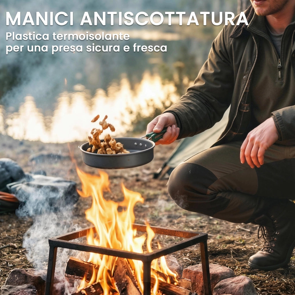 Set 8 Pezzi da Cucina per Campeggio Kit Ultraleggero con Manici Anti-Scottatura in Alluminio Grigio
