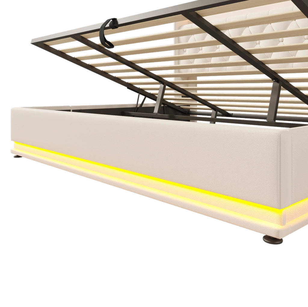 Letto matrimoniale 180x200 cm con contenitore; LED e porte USB e USB C; similpelle bianca