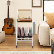 Supporto per giradischi con ruote, tavolino ausiliario con borsa laterale e divisori per dischi in vinile, fino a 200 LPs, 49,5 x 30 x 64 cm, organizer per CD, album, riviste (naturale)