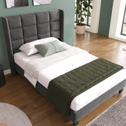Letto singolo 90x200 cm con testiera imbottita e rete a doghe; tessuto grigio