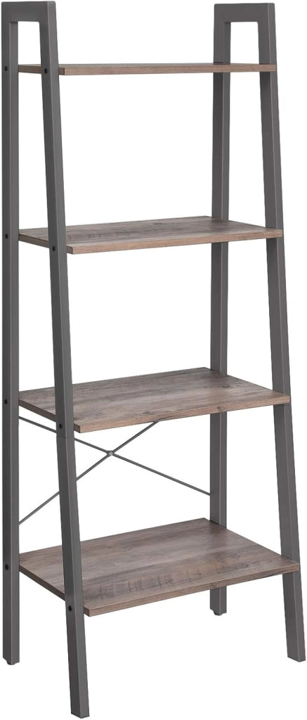 Libreria, Scaffale a Scala con 4 Ripiani, Mobile Autoportante, Struttura in Ferro, per Soggiorno Camera da Letto Cucina Balcone, Facile da Montare, Industriale, Greige e Grigio LLS44MG