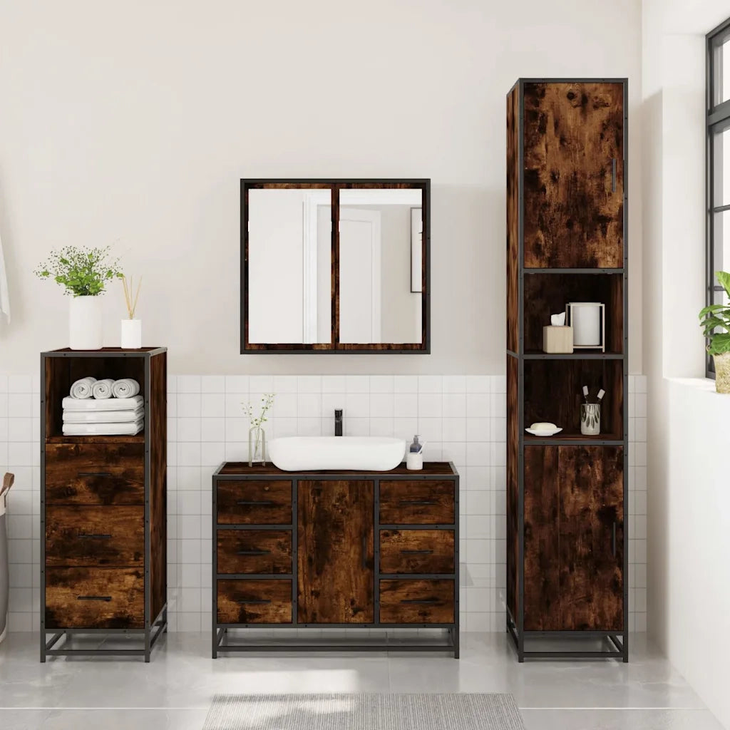 Set Mobili da Bagno 3 pz Rovere Fumo in Legno Multistrato 3301022