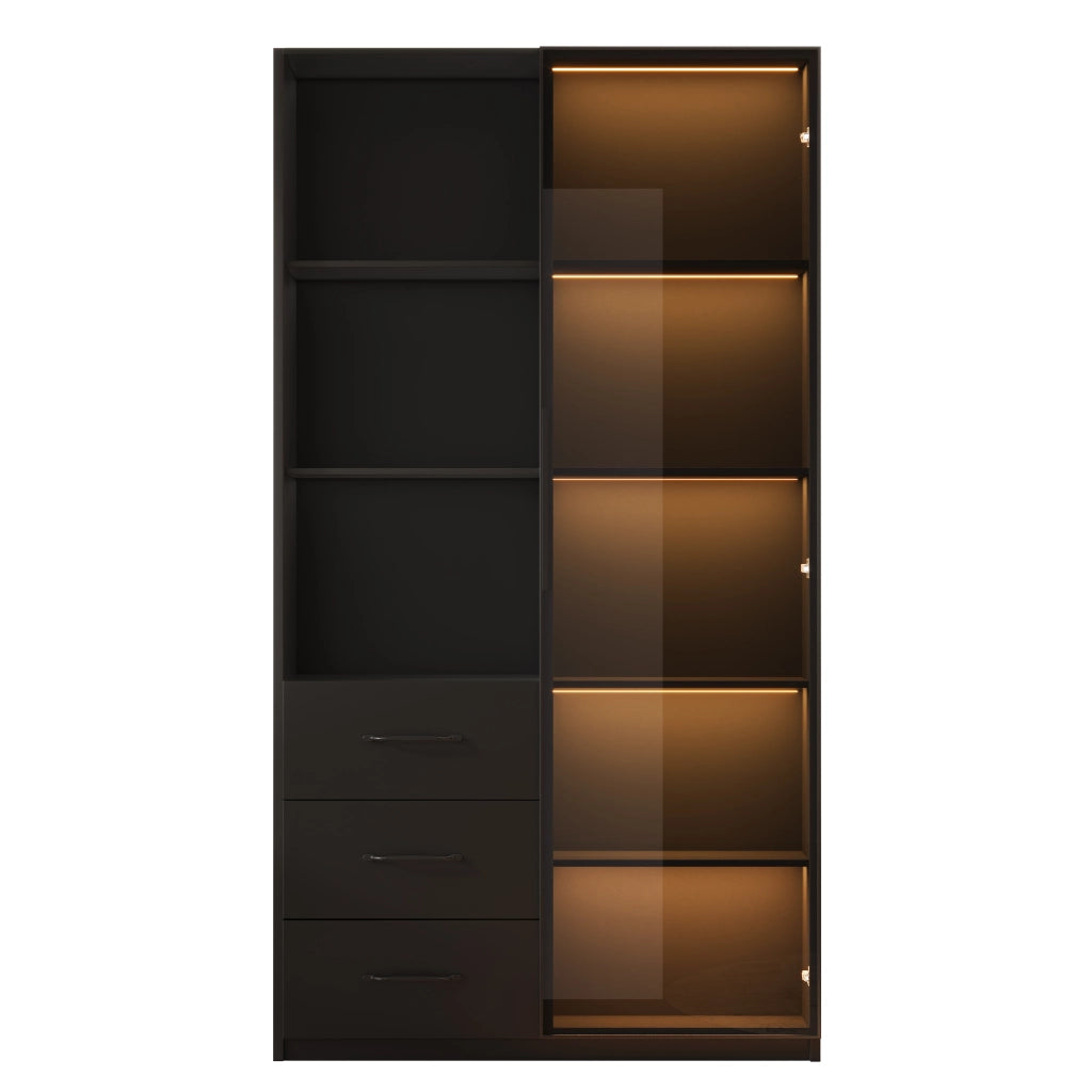 Vetrina LED moderna 80 x 40 x 160 cm con porta in vetro temperato, 3 cassetti, 3 ripiani aperti e struttura in pannello truciolare nero