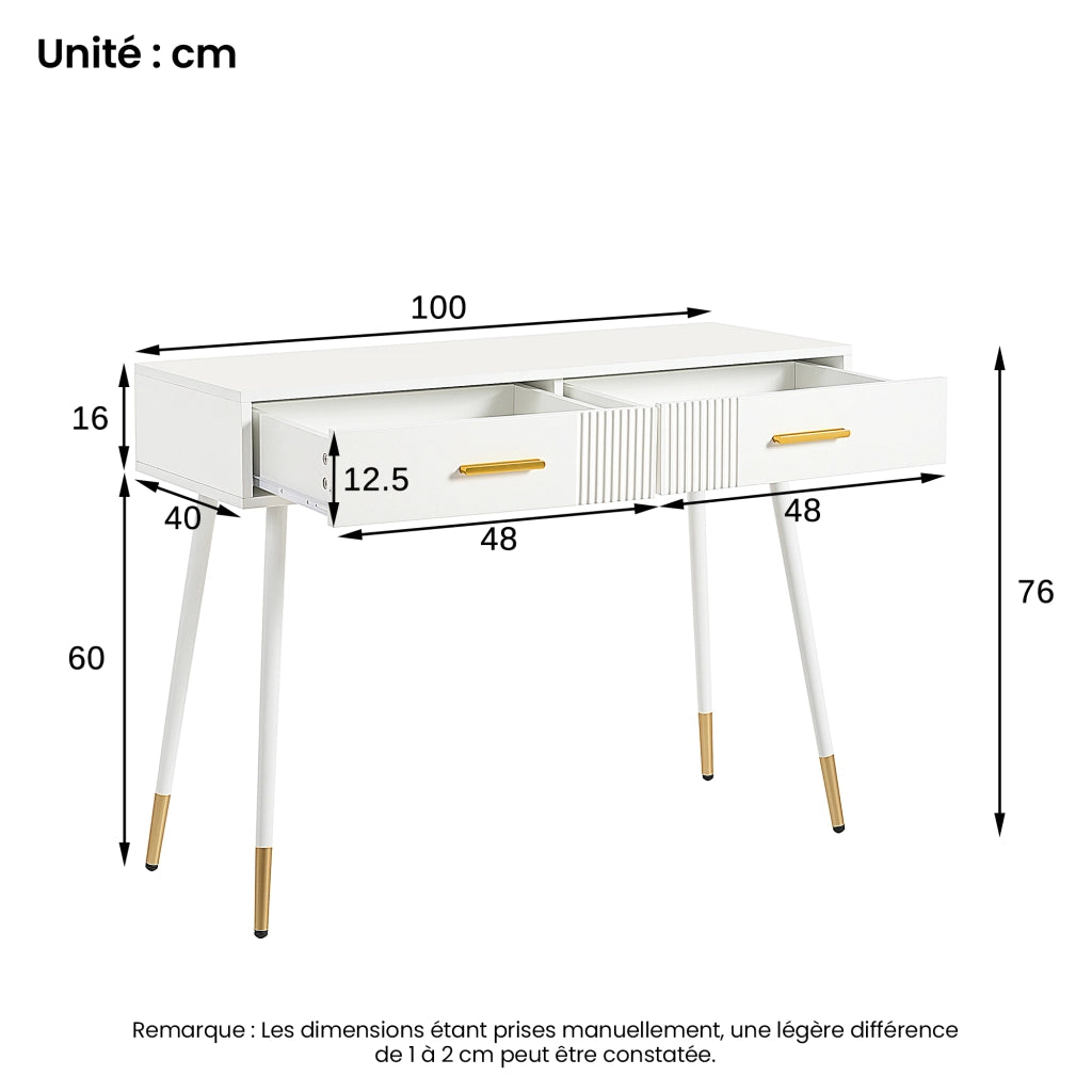 Toeletta con 2 cassetti e gambe in metallo; per camera da letto; 100×40×76 cm; bianco