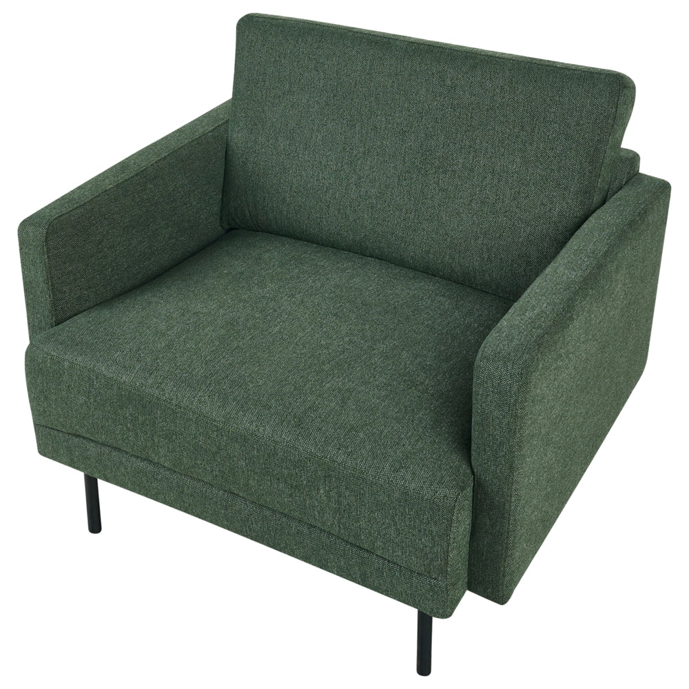 Poltrona moderna imbottita in tessuto verde scuro con gambe in metallo stile moderno e minimalista