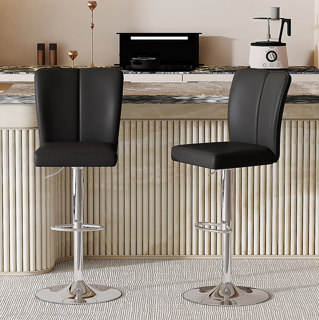 Set di 2 sgabelli da bar regolabili 63-85 cm in similpelle nera e metallo argento girevoli