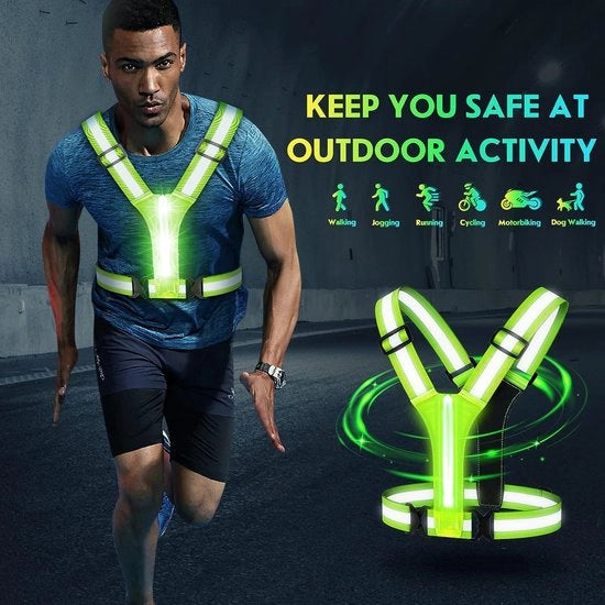 Abbigliamento per Corsa Riflettente USB Ricaricabile - Alta Visibilità - Cintura e Spalle Regolabili - Corsa, Ciclismo, Motociclismo, Camminata, Illuminazione per Corsa
