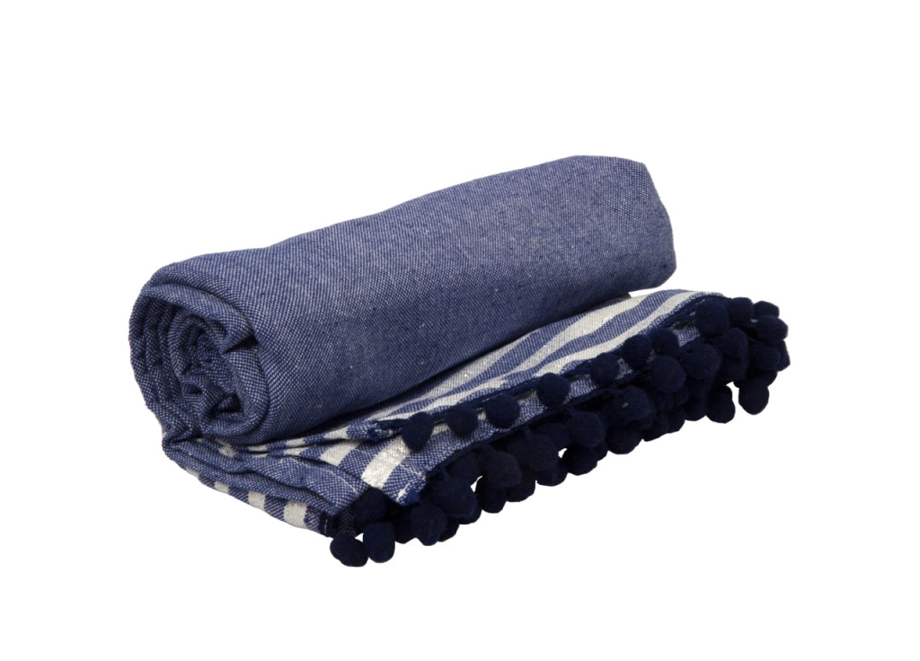 Telo Mare Fouta Spiaggia 100% Cotone Modello Lurex Con Pon Pon - Telo Mare - Blu