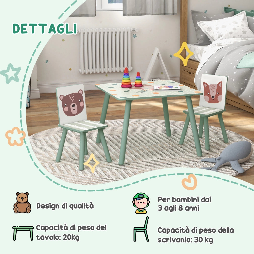 EasyComfort Set Tavolo e Sedie 3 Pezzi per Bambini 3-8 Anni in MDF e Legno di Pino, Verde