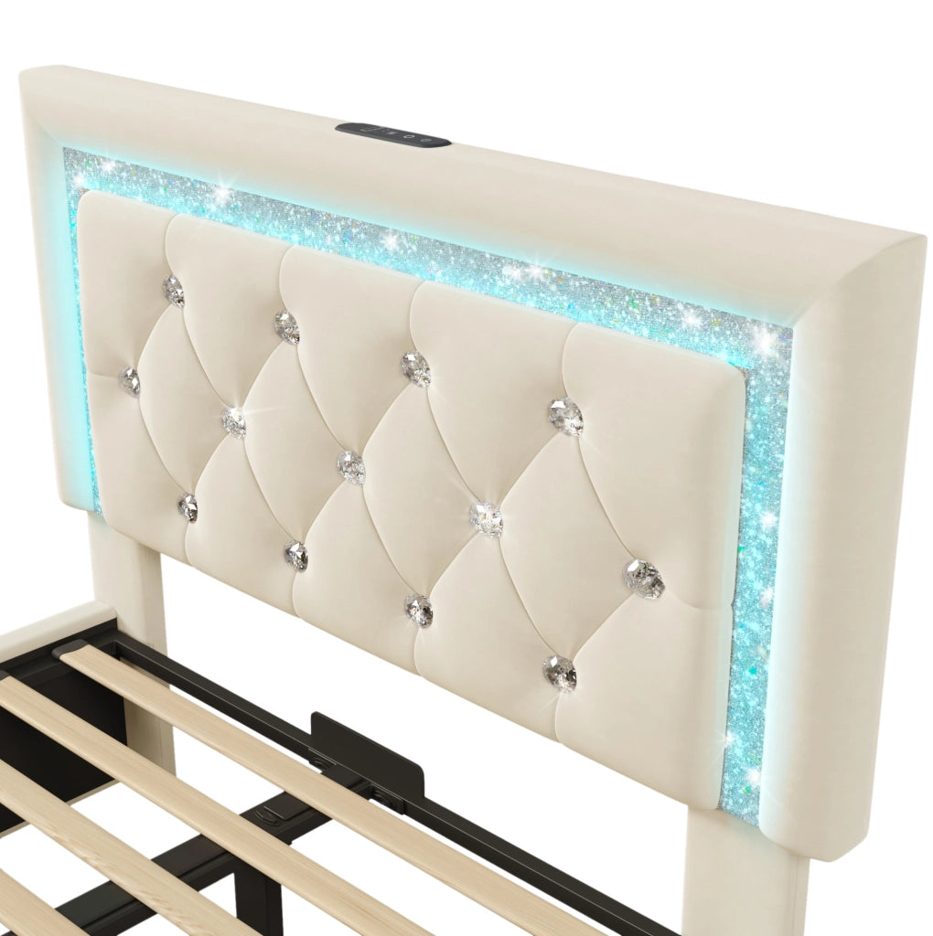 Letto singolo 90x200 cm in velluto beige con LED; USB e contenitore idraulico