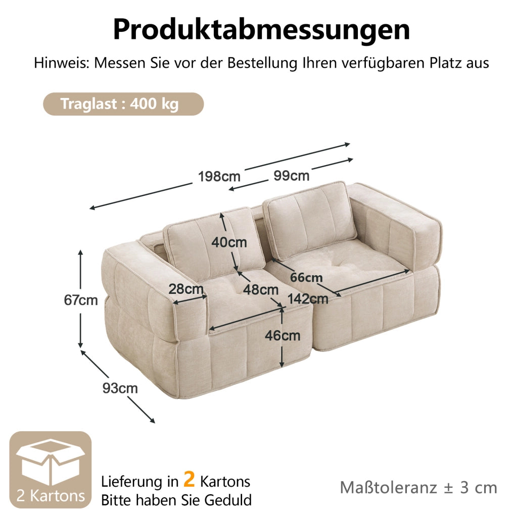 Divano modulare 2 posti senza struttura 198x93x67 cm in poliestere beige