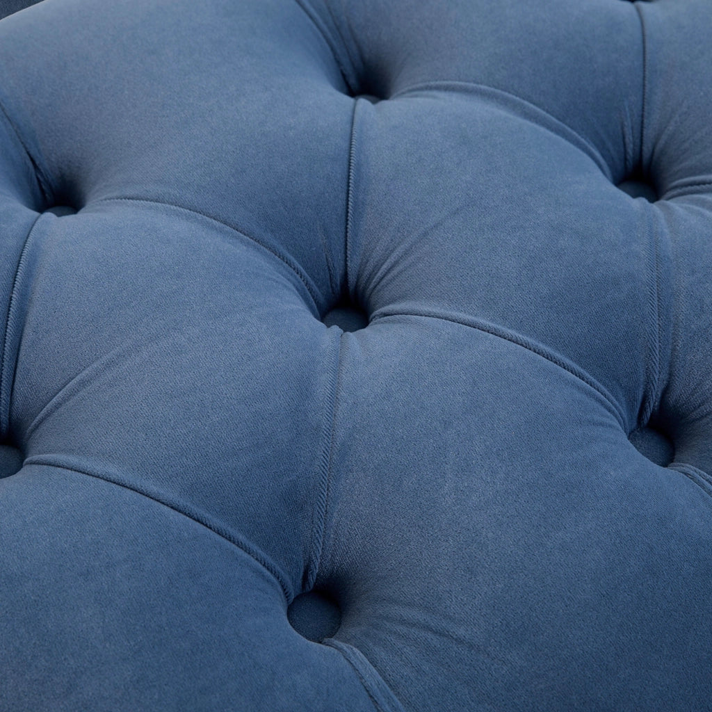 Panca da letto pouf imbottito multifunzionale con seduta trapuntata e gambe dorate in velluto blu 118 × 45 × 42 cm